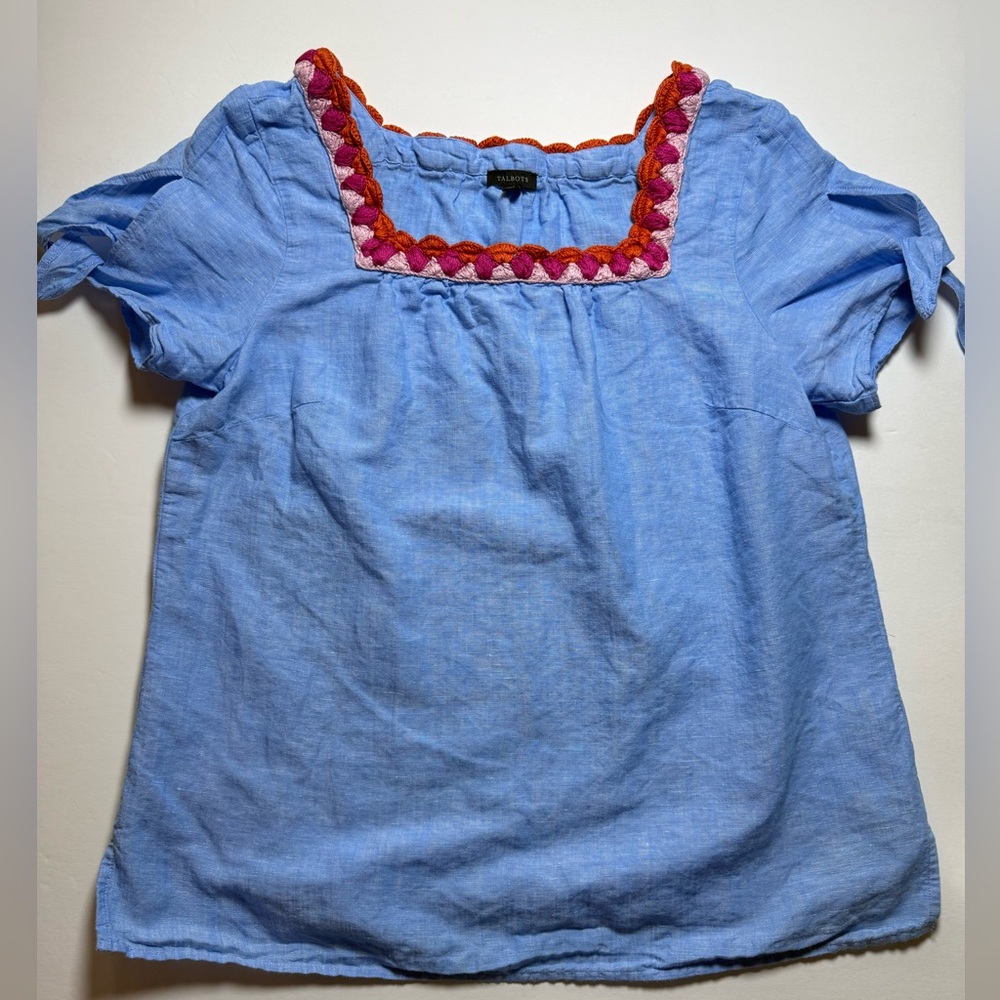 Talbots Light Blue Linen-Texture Top with Embroidered Neckline